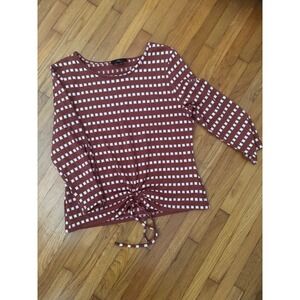 IN San Francisco Wm Medium Rust Brown White Grid Tie Front Knit Top 3/4 Sleeve